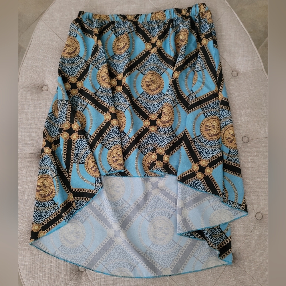KK Kardashian Kollection High Low Skirt Teal Black Gold Office to Date Night